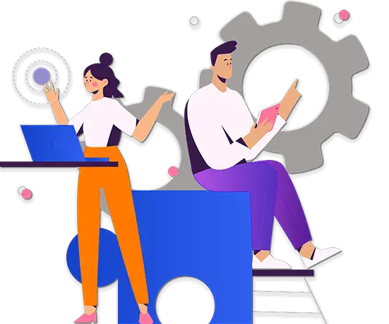 A nerd man and a nerd woman working on their computers and mobile phones beside a big cog
									